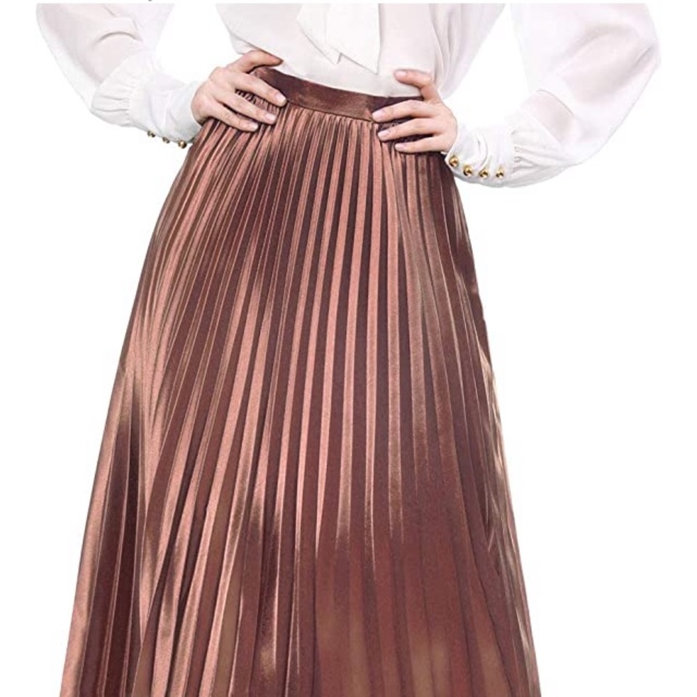 copper pleated metallic midi skirt